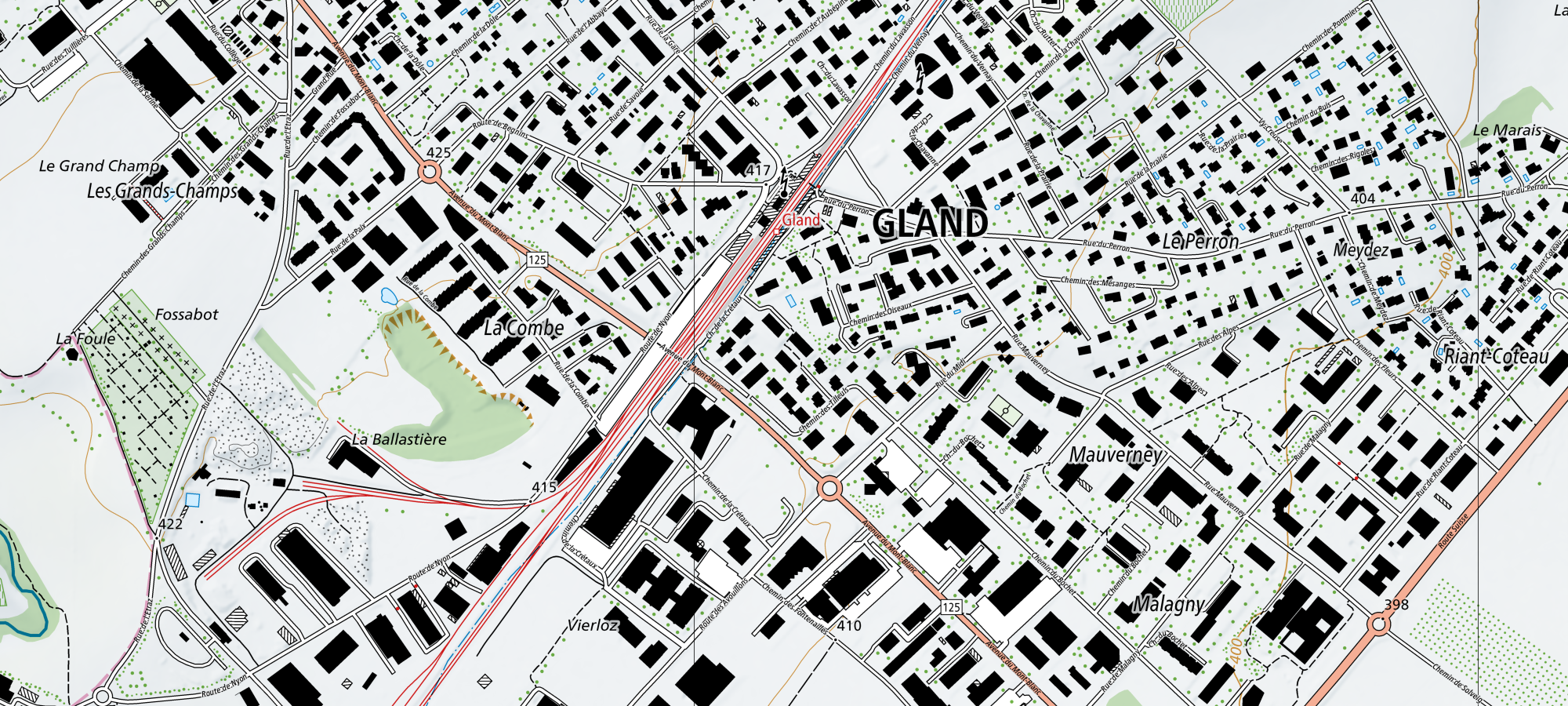 Carte géographique de Gland, centrée sur le Chemin de la Crétaux 7, avec la gare et les voies d’accès réelles